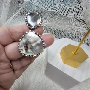 Large Mother of Pearl Dangle Earrings Pierced Rhinestones
